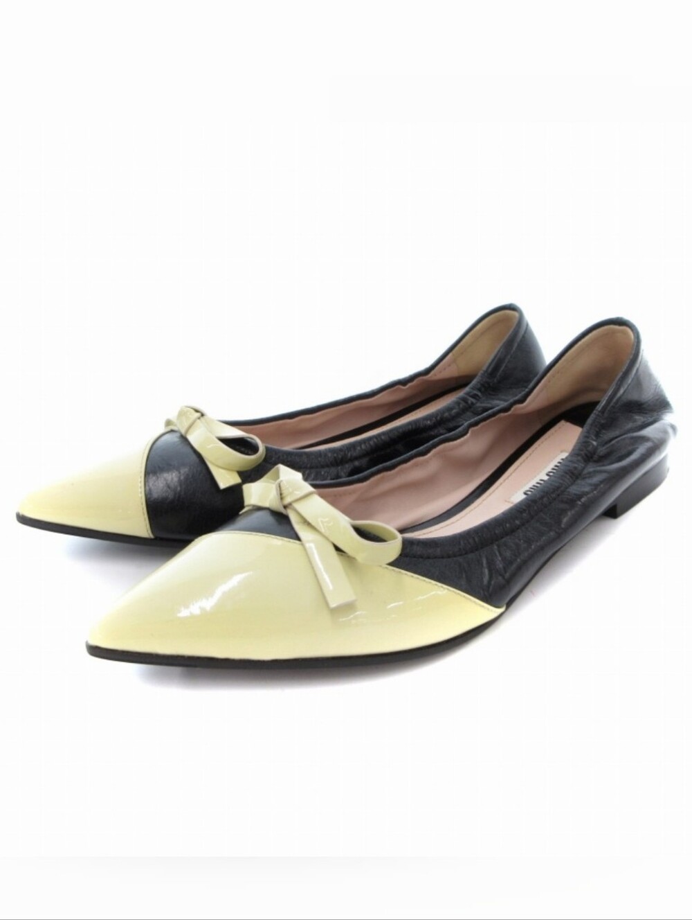 Miu Miu Patent Leather Pointed Toe Two-Tone Bow Flats Butter Yellow Black 38½